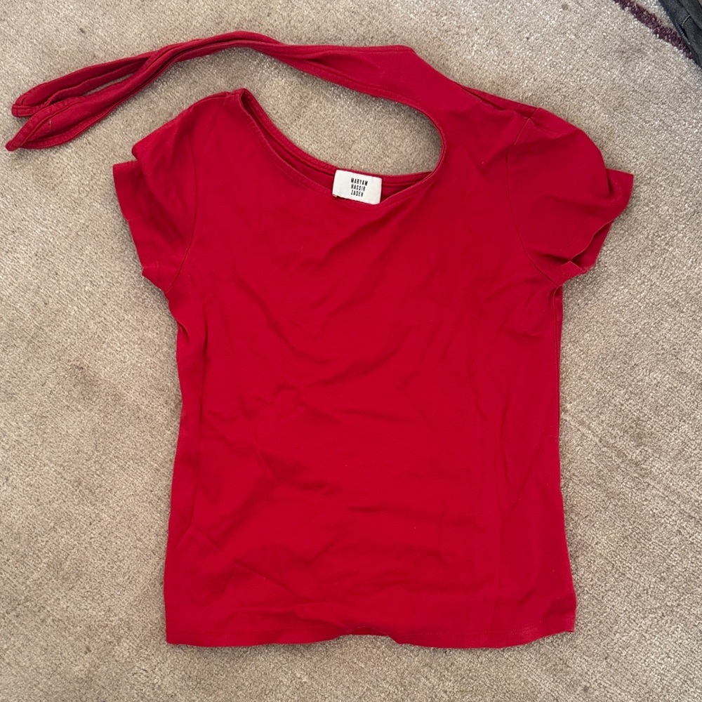MNZ Red Phoebe Short Sleeve Tee tie Neck